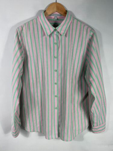 Foxcroft Women’s 14P Shaped Fit Green Pink White Striped Long Sleeve Shirt - Picture 1 of 10