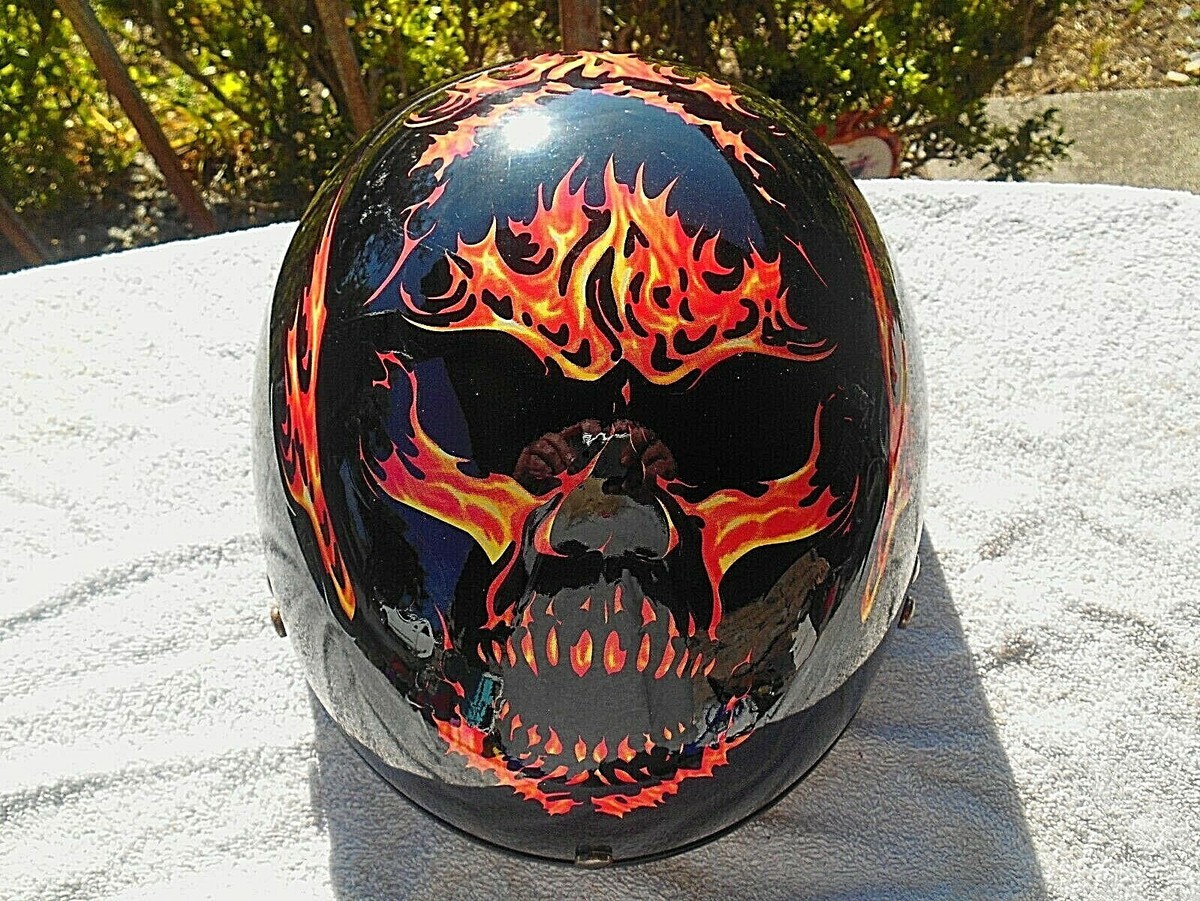 OUTLAW MOTORCYCLE HALF HELMET WITH FLAMING SKULL XU184 DOT