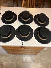 Lot 6 Black Felt Theatre Hats w/ Gold Trim. 13" Rim 6.5" head. Adj. Equip. Incl.