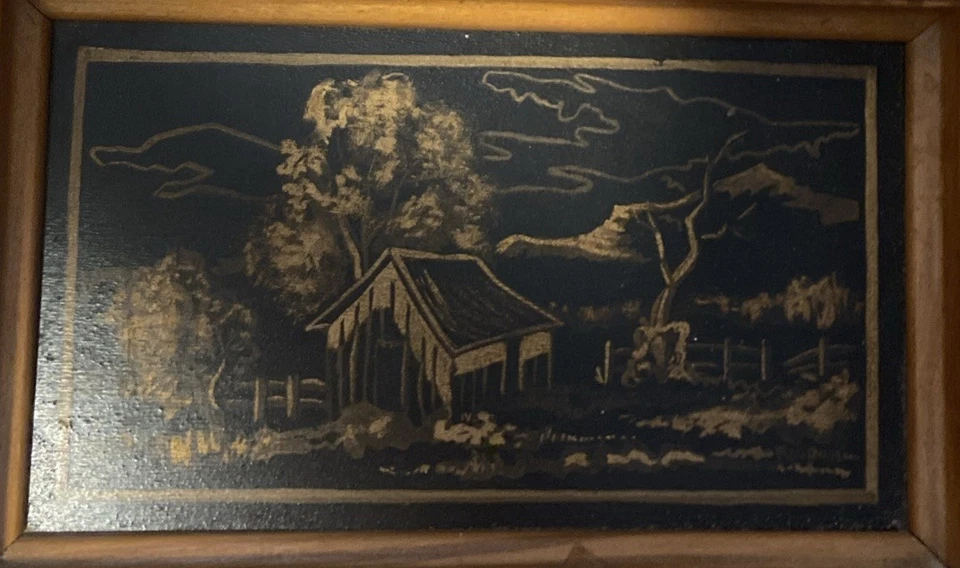 Set of 3 Hand Made Etched Wooden Folk Art Framed and Signed Americana - Image 2 of 4