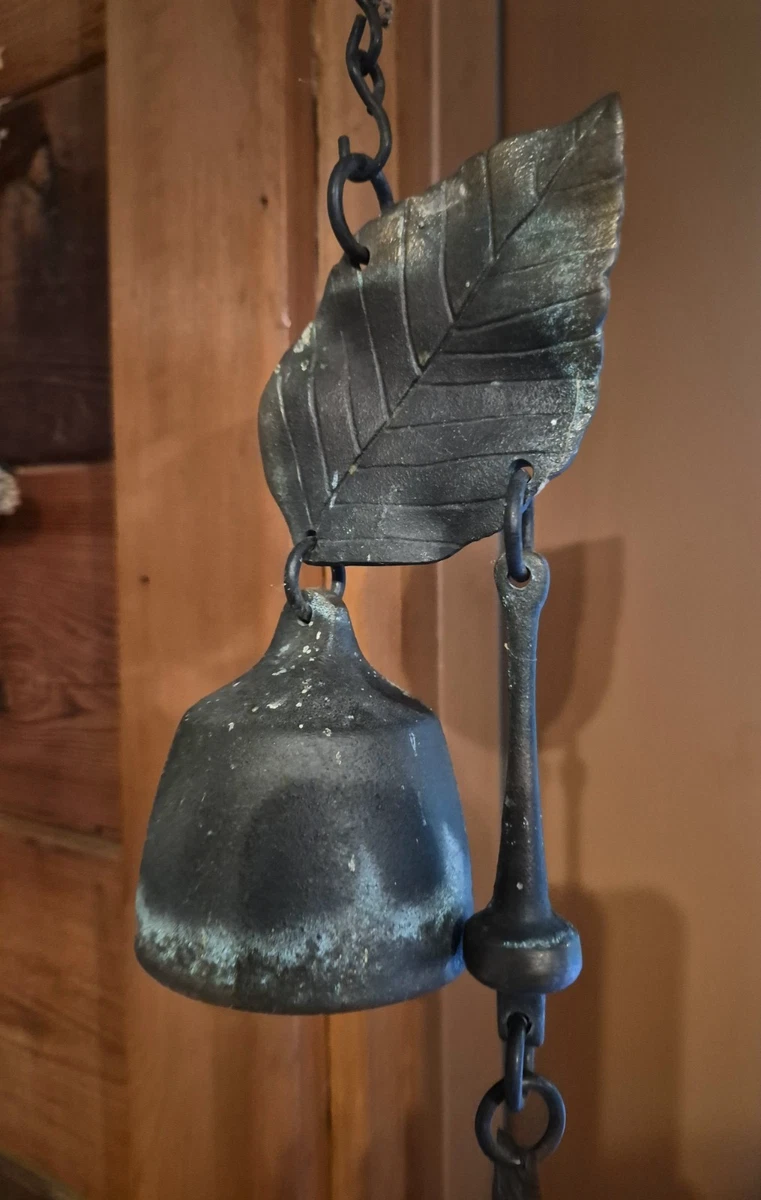 RICHARD FISHER BRONZE WIND CHIME BELL WITH LEAF ORIGINAL PATINA VINTAGE