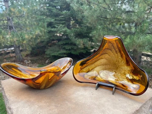 Set of 2 Murano Art Glass Bowls Cased Amber MCM Vintage EUC