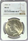 1925 $1 Peace Silver One Dollar US NGC MS62 Uncirculated Philadelphia
