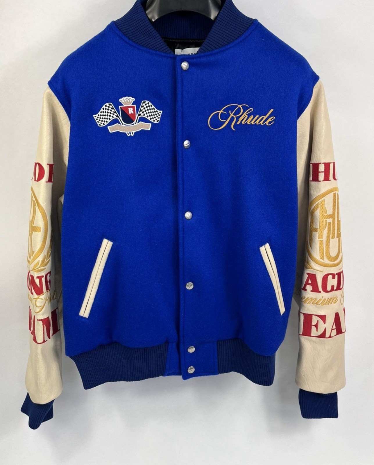 Rhude Leather Trimmed Embroidered Racing Varsity Jacket Size: M Rrp £2,380