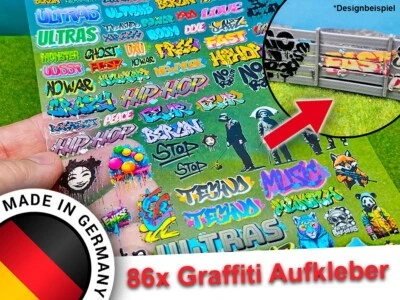 3D-SCALE 86 Stück Graffiti Tags Kunst Aufkleber deckend passend für Spur H0, N und TT