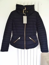 Zara Navy Short Quilted Puffer Anorak Jacket With Hidden Hood Size S Uk 8