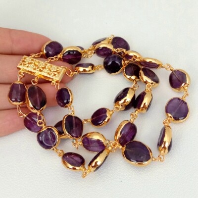 3 Strands Natural Amethyst Freeform With Electroplated Edge Bracelet 8''