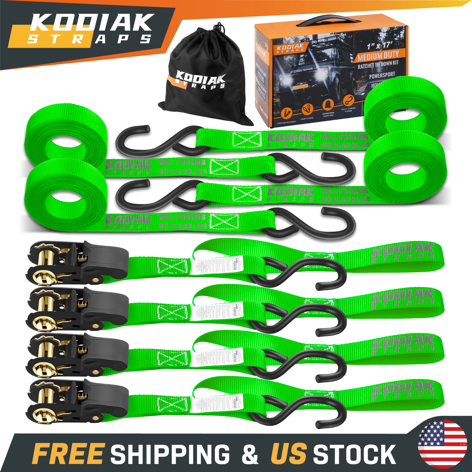 4-Pack Ratchet Tie Down Straps 1in x 17ft Green- 2200lbs MBS - KODIAK STRAPS