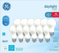 12-Pack GE LED Dimmable General Purpose Light Bulbs 60 Watt, Color Daylight, A19