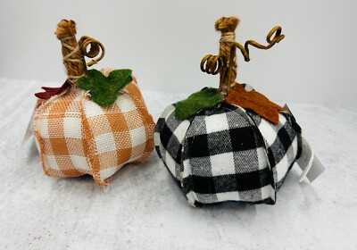 2 Buffalo Plaid Soft Pumpkin W/ Yarn Stem Fall Autumn Tiered Tray Home Decor