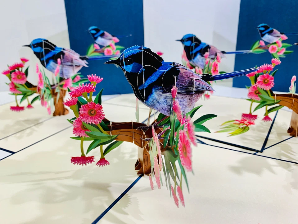 Tarjetas pop de origami. Tarjeta de felicitación emergente Fairy Blue Wren Bird 3D. "Día de la Madre" Foto 4 de 4