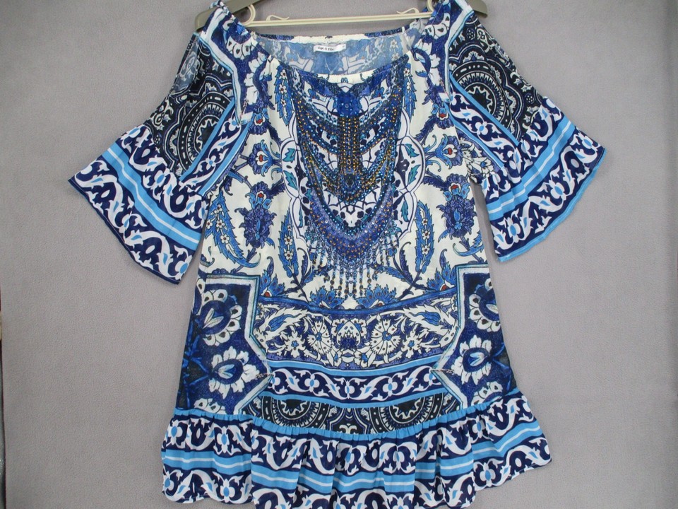 Gigi & Ella Top Womens Large Blue Floral Boho Embellished Flared Off Shoulder