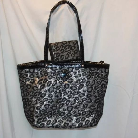 Coach F21061 Handbag 14 Tote Black Silver Metallic Leopard Purse