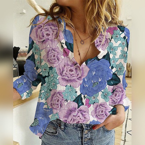 Damen Shirts Langarm Bluse Frauen Locker Büro Revers Ausschnitt Oberteile Knopfleiste - Bild 18 von 42