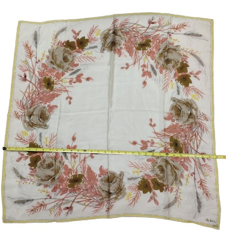 Vintage Vera Head Scarf Silk Handrolled Japan Floral Yellow Pink Tan FLAWS - Picture 8 of 9