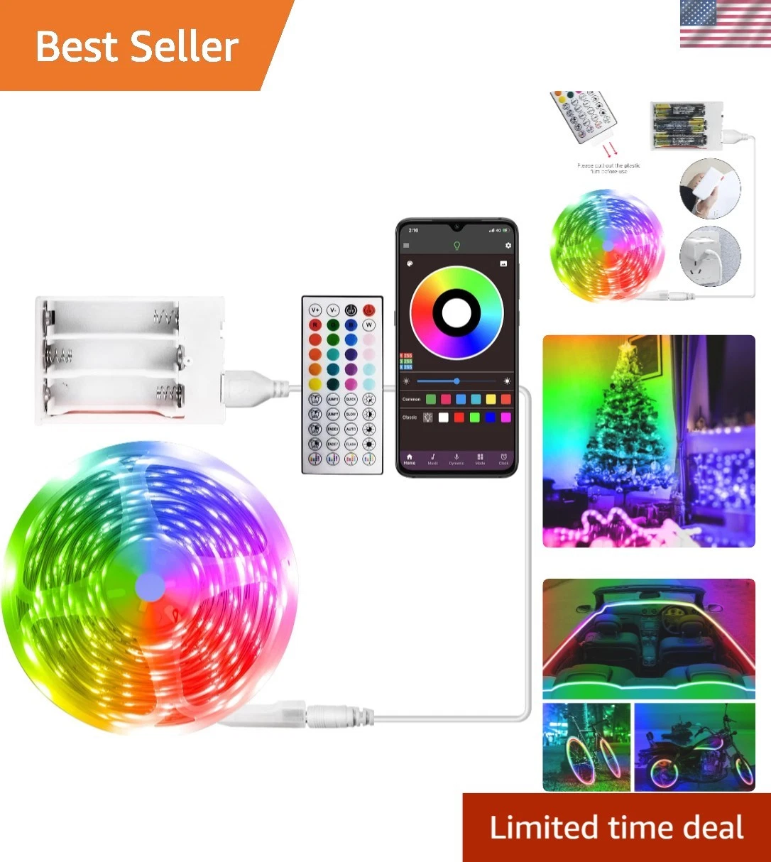 32.8ft Battery Powered LED Strip Lights for Indoor Decor with Remote Control