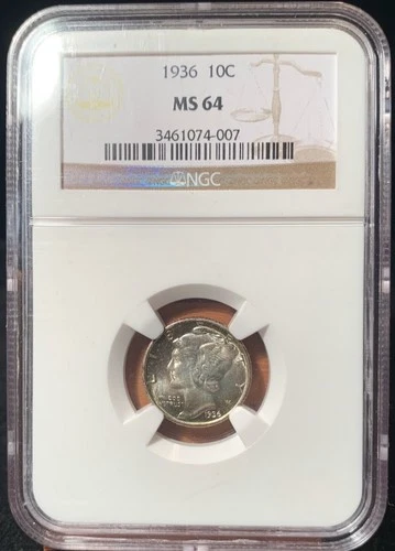 1936-P  10C  MERCURY SILVER DIME -NGC MS64-  "PHILADELPHIA MINT"  - Blue Hues