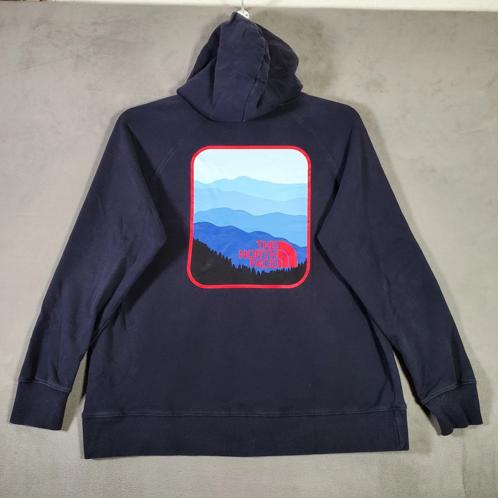 The North Face Hoodie Womens L Navy Blue Mountain Double Sided Logo Outdoor