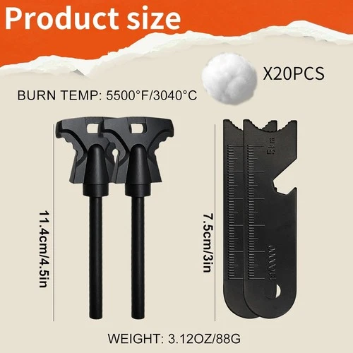 2PCS Magnesium Fire Starter w/Striker, High Temp Magnesium Rod, Survival