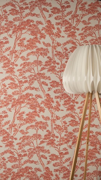 Vliestapete Waldmotiv BäUme Pinie Asiatisch Floral Beige Rot 79001-4 (4,31€/1Qm)-image
