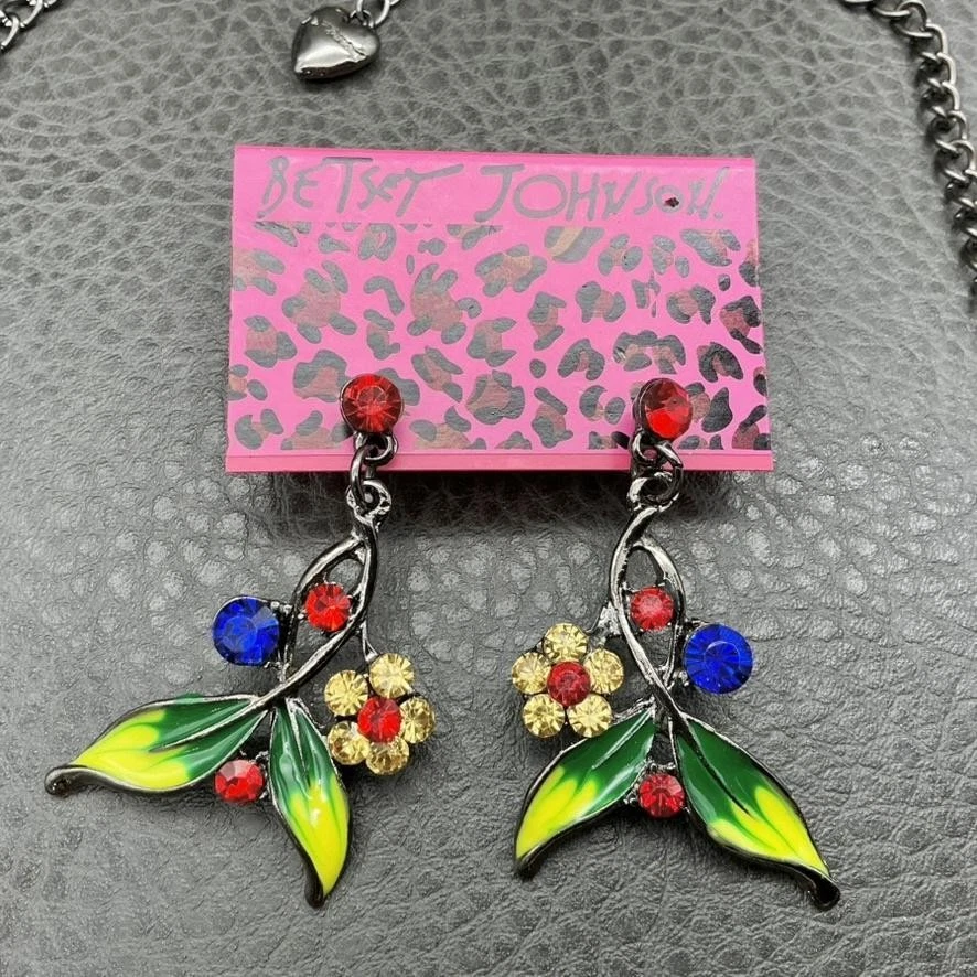 Betsey Johnson Floral Leaf Necklace Earrings Set Multicolor Enamel Rhinestone - Image 2 of 4