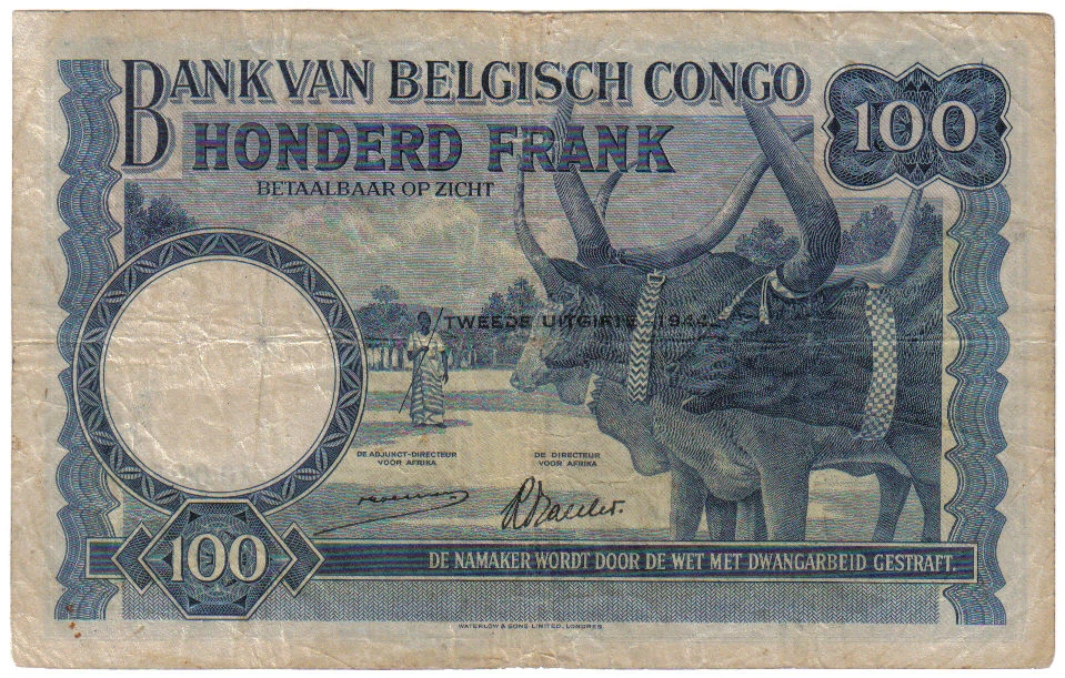 BELGIAN BELGIUM CONGO 100 FRANCS 1944 PICK 17 B LOOK SCANS - Image 2 of 2