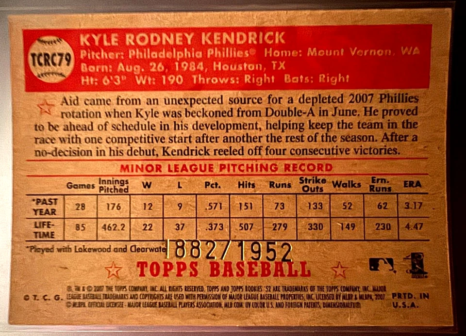 2007 Topps '52 - Chrome #TCRC79 Kyle Kendrick 1882/1952 (RC) - Image 2 of 2