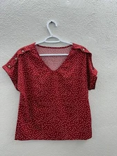 Womens Shein Blouse Size Small Red Dotted Short Sleeve V-Neck 