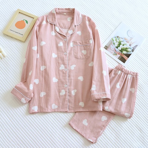 Women's Heart Print Button Up Lapel Collar Top With Elastic Pants Pajama Set - Picture 3 of 8