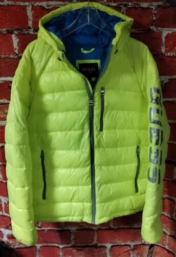 Guess Logo Puffer Hooded Jacket 111AN210 Neon Yellow Blue Men's Size Large $225