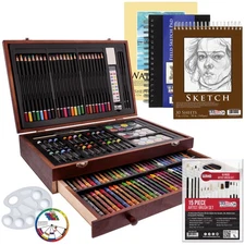 162pc Wood Box Art Painting, Drawing Set, Art Pads, Watercolors, Colored Pencils