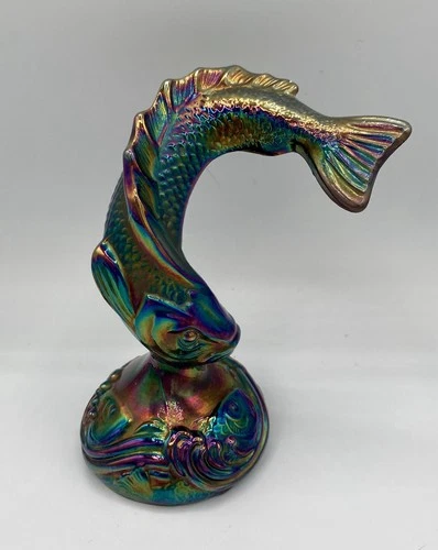 Vintage Fenton Carnival Glass Iridescent Koi Fish Amethyst Teal Figurine 5”