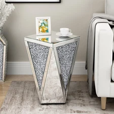 19.7" Mirrored End Table Crystal Diamond Setting Coffee Table Silver Glass Si...