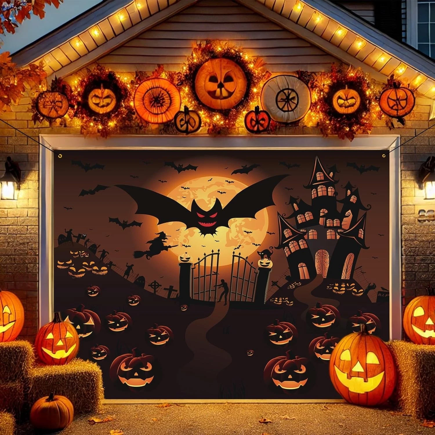 7X8Ft Halloween Garage Door Cover, Pumpkin Garage Buddy Halloween Cover, Hanging