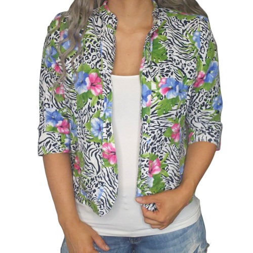 Cárdigan hawaiano vintage para mujer PL grande pequeño 100 % lino estampado de cebra hibisco - Imagen 2 de 16