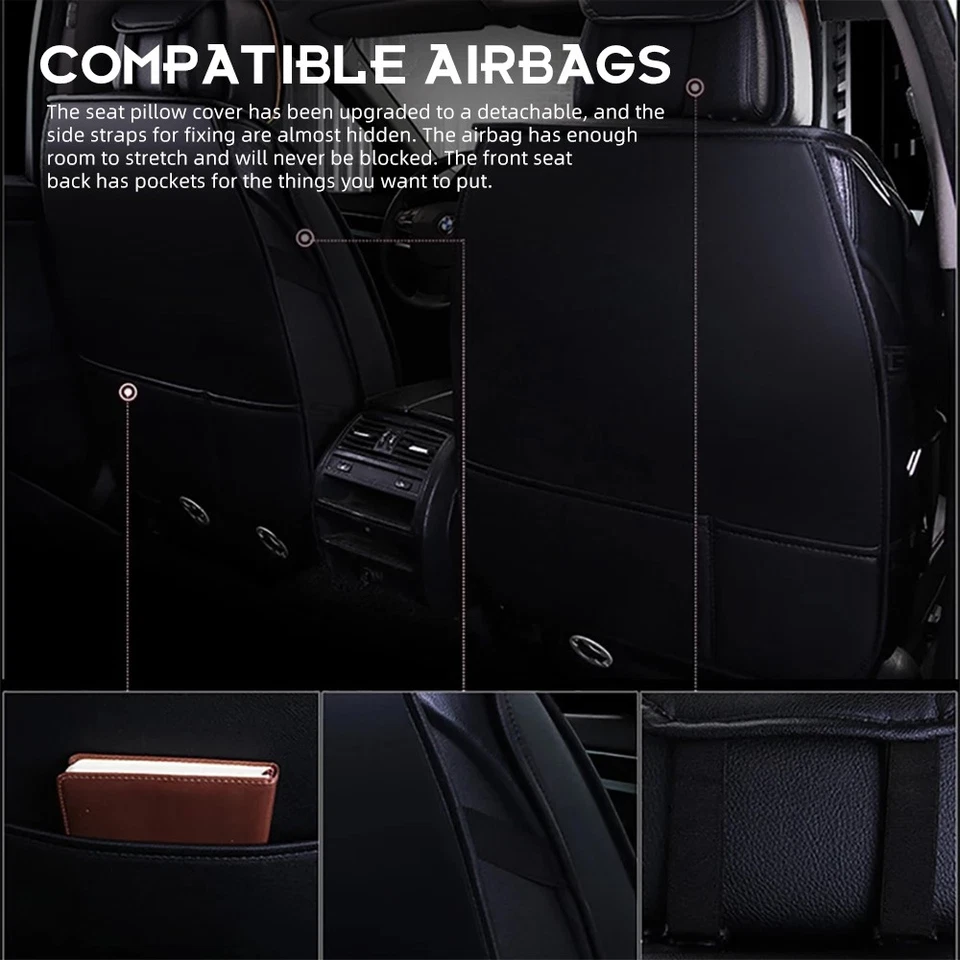 5-Seat Full Set Car Seat Cover Luxury Leather Universal Front Rear Back Cushion - Image 3 of 4