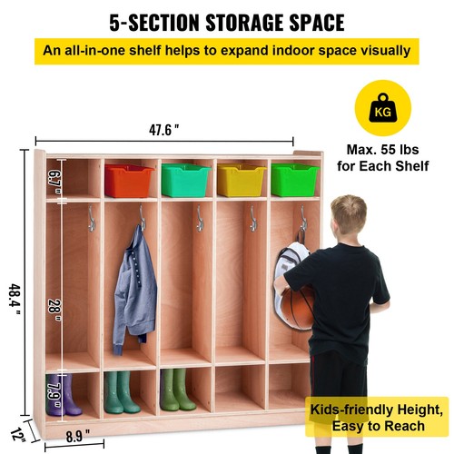 Coat Locker 5-Section Daycare Cubby Coat Rack 5 Hooks and Storage Boxes - Picture 3 of 12