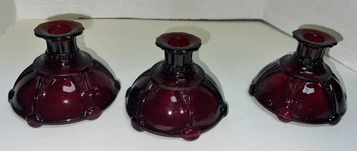 Anchor Hocking Ruby Red ‘Oyster & Pearl’ Glass Candlestick Holders -3 VTG