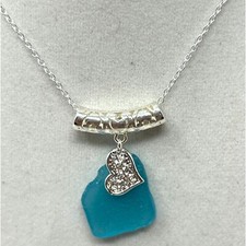 Teal Seaglass Pendant, 20" Silver Plated Cable Chain and Bobble w/Heart Charm