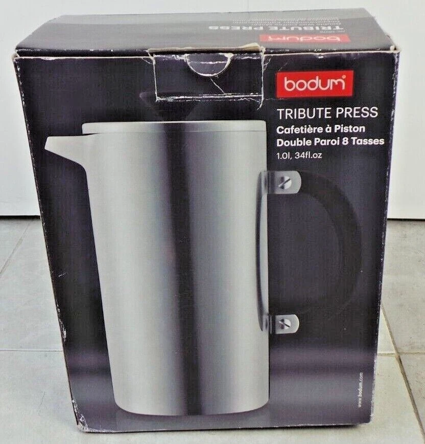 Bodum Tribute Double Wall French Press Coffee Maker, 34 Ounce, Matte Chrome