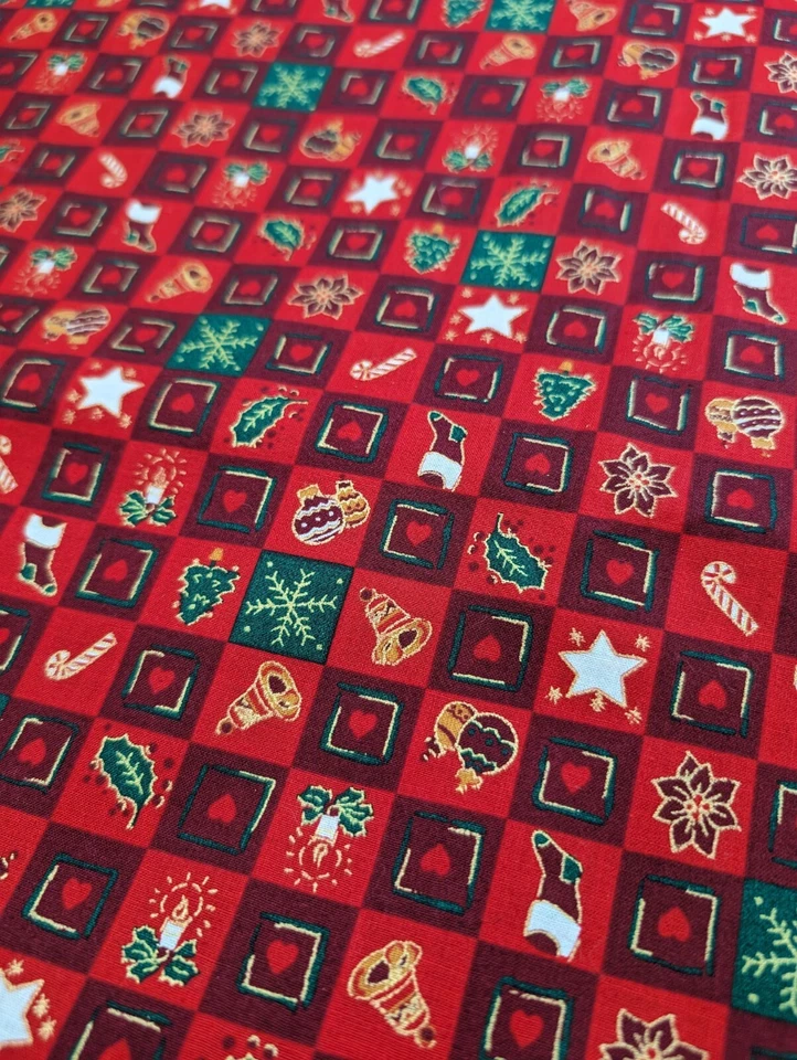 Red Green Gold Checkered Christmas Print Fabric Holiday Print 5 Yards Cotton - Image 4 of 4