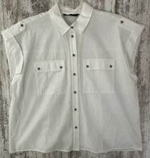 ZARA Women's Size L White Boxy Fit Camp Style Button Front S/S Shirt