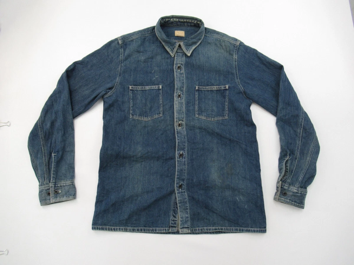 PHIGVEL Denim Shirt Mens Size 16 or M Chin Strap Jean Blue Indigo Wash Dark