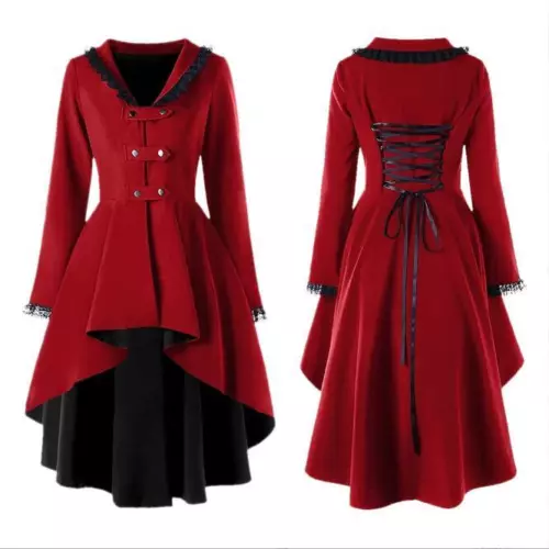 Womens Lace Gothic High Low Trench Victorian Steampunk Medieval Jacket Coat Top - Picture 4 of 13