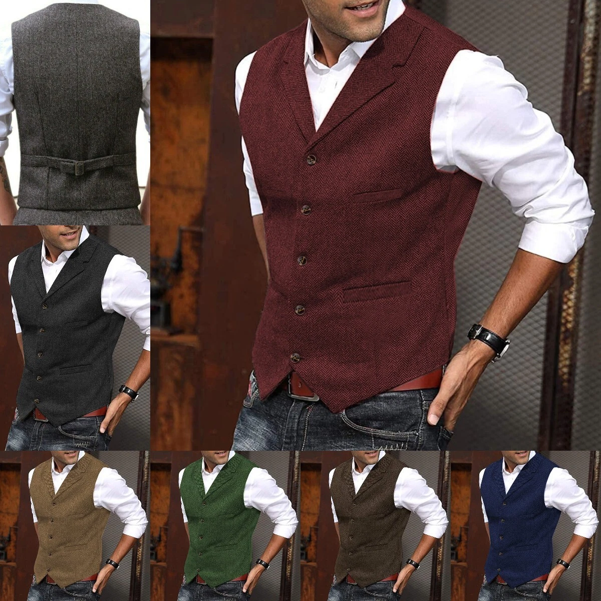 Classic Men Tweed Vest Herringbone Waistcoat Notch Vintage Wedding Wool Retro ++
Opens in a new wind