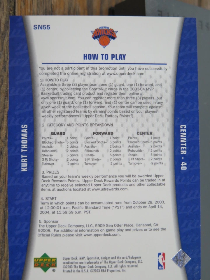 2003-04 Upper Deck MVP Sportsnut Fantasy Kurt Thomas #SN55 - Image 3 of 3