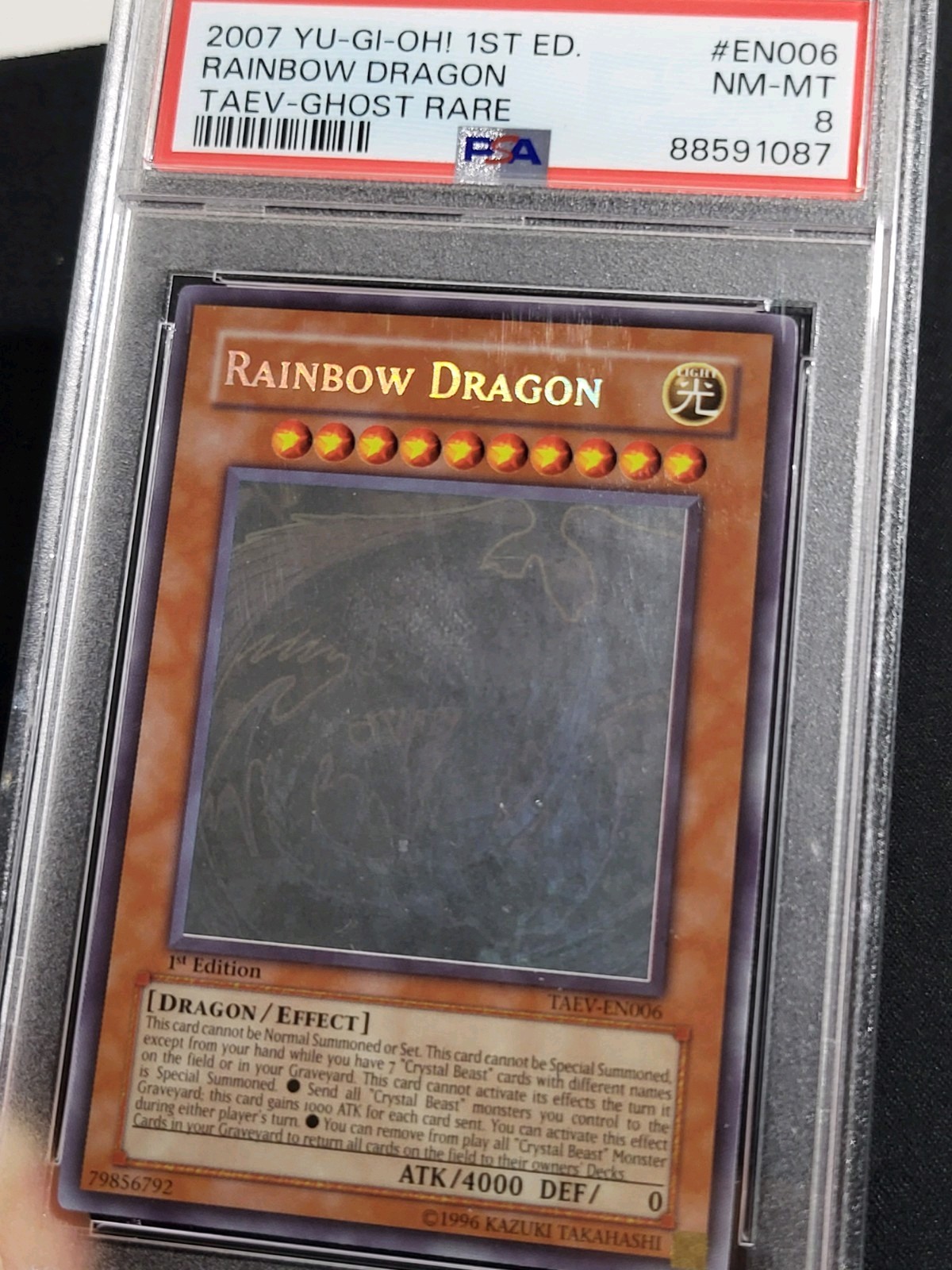 Yugioh 2007 Rainbow Dragon TAEV-EN006 1st Edition Ghost Rare PSA 8 (Clean Foil) view 5
