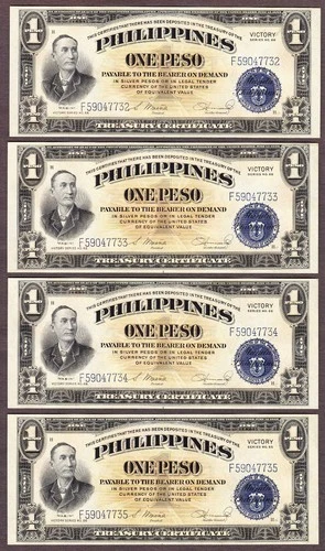 Philippines 4 CONSECUTIVE One Peso "VICTORY" 1944 Pick-94 from Original Pack UNC
