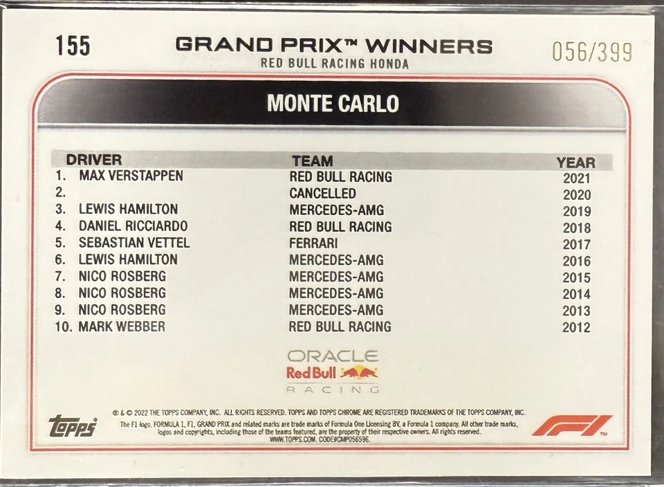 2022 Topps Chrome F1 Max Verstappen Purple Refractor /399 #155 - Image 2 of 2