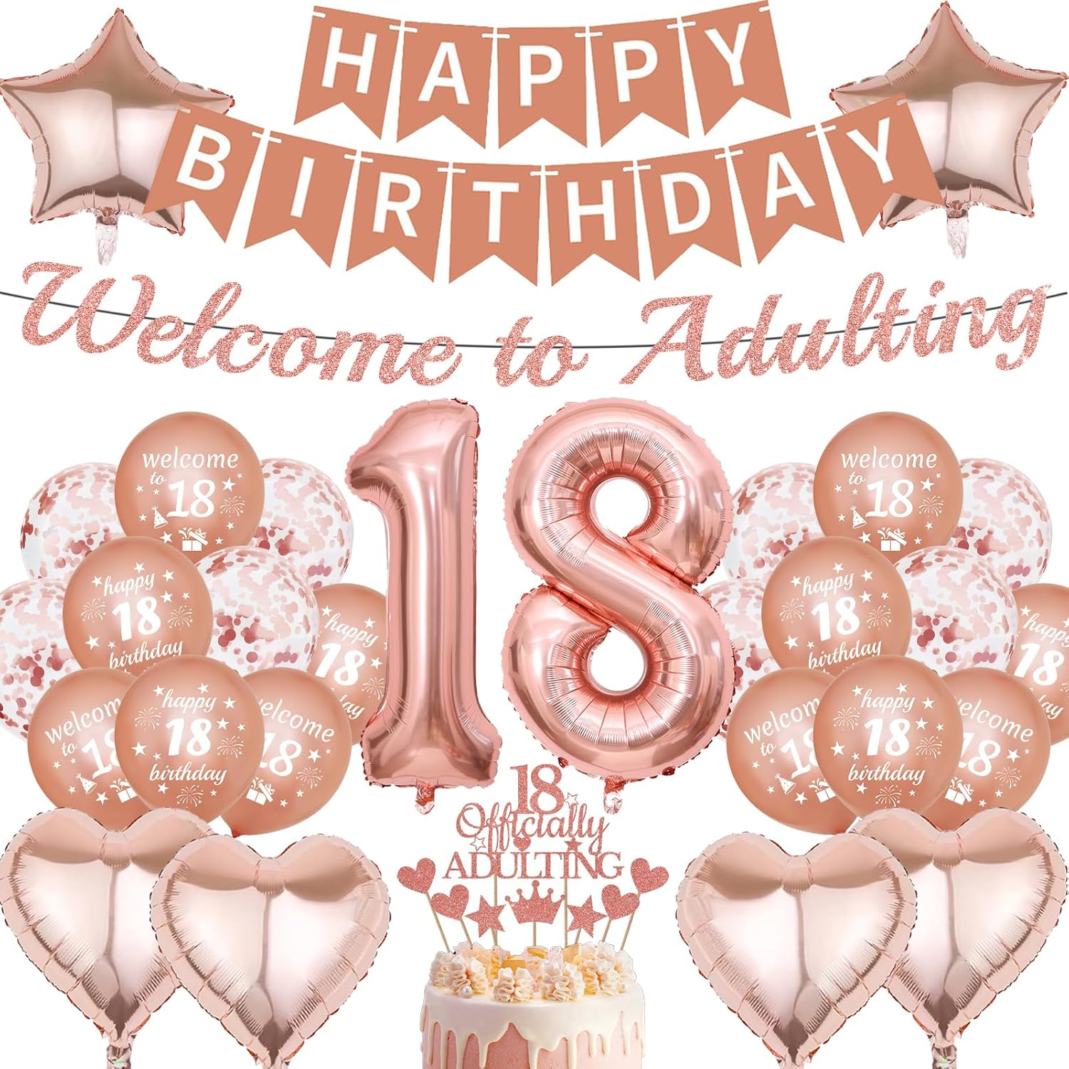 18th Birthday Decorations Rose Gold Party Kit 31pcs Balloons Banner Cake Topper